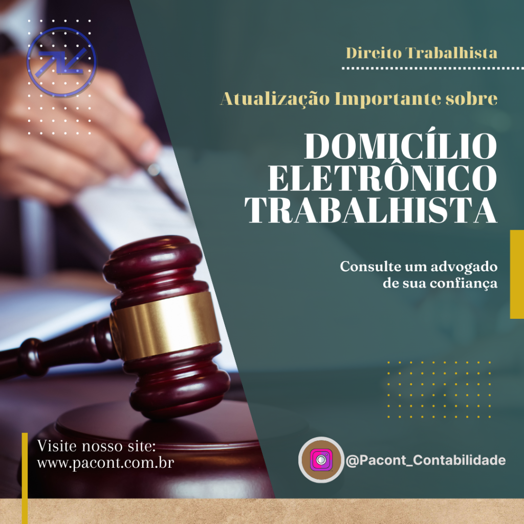 🚨📢 Atualização Importante sobre o Domicílio Eletrônico Trabalhista (DET) 📢🚨

Fique por dentro da última atualização do DET com o Edital SIT nº 4/2024! Agora, procedimentos como Quadro Sinótico e Cronograma foram atualizados. O DET, instituído pela CLT, é o canal oficial de comunicação entre a Inspeção do Trabalho e o empregador, disponibilizado digitalmente pelo Ministério do Trabalho e Emprego.

Acompanhe as mudanças e os prazos no nosso perfil!

@pacont_contabilidade

#DET #MinisteriodoTrabalho #Atualização #Prazos #ComunicaçãoDigital